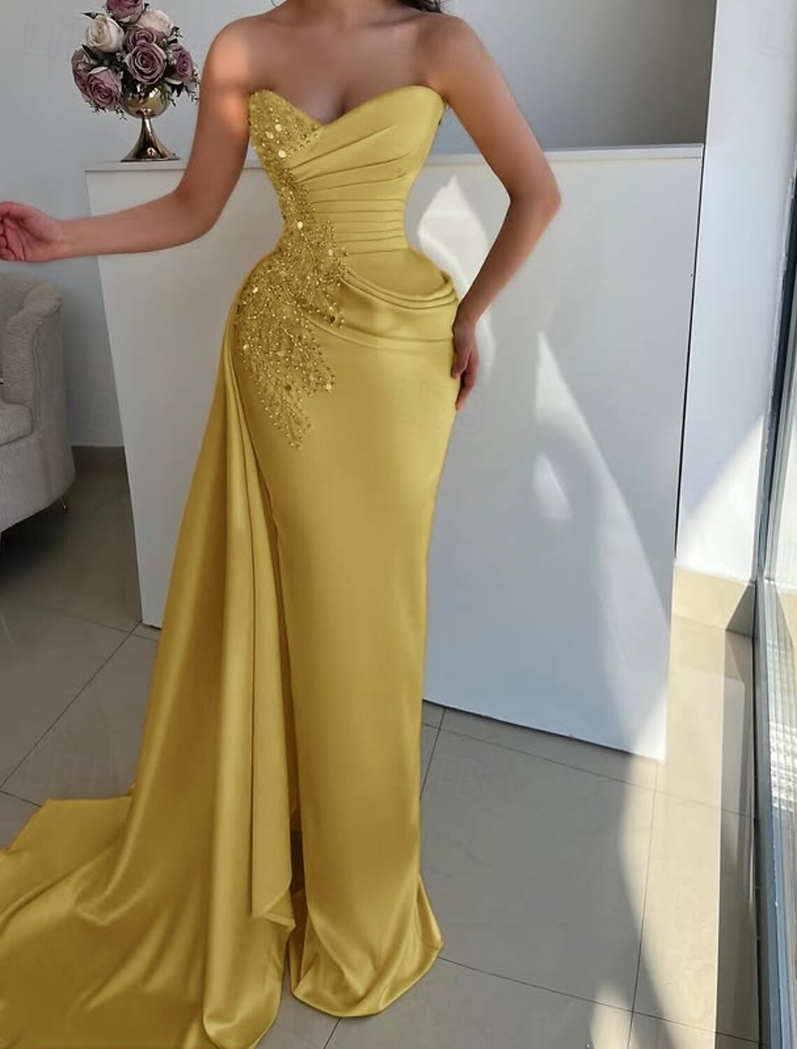 Mermaid Trumpet Evening Gown Elegant Dress Formal Wedding Floor Length Sleeveless Strapless Champagne Mother Of the Bride Dress Satin with Rhinestone Glitter Ruched