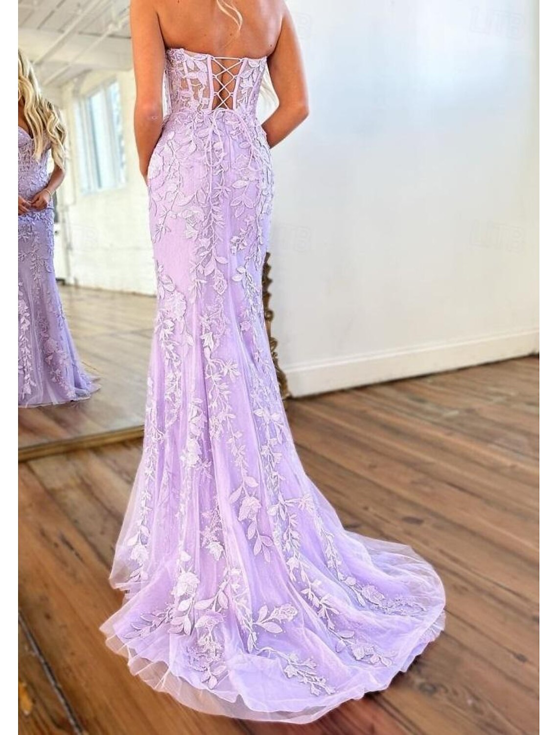 Mermaid Prom Dresses Glittering Dress Evening Party Sweep / Brush Train Sleeveless Strapless Lace Backless with Appliques