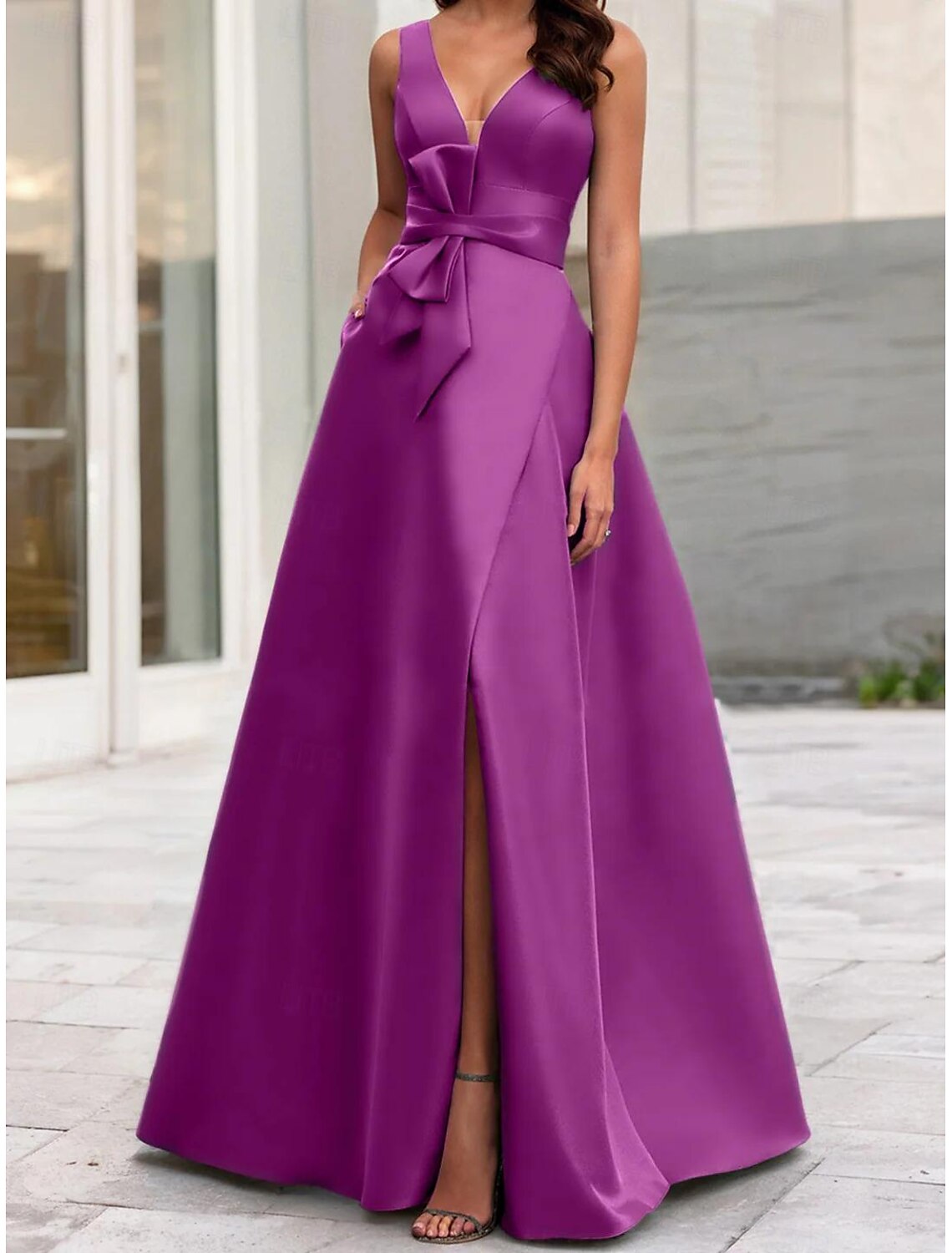 A-Line Evening Gown High Split Dress Formal Masquerade Floor Length Sleeveless V Neck Belt / Sash Satin with Bow