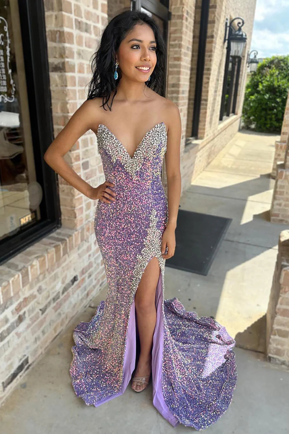 Light purple sequined strapless long suspender slit ball dress