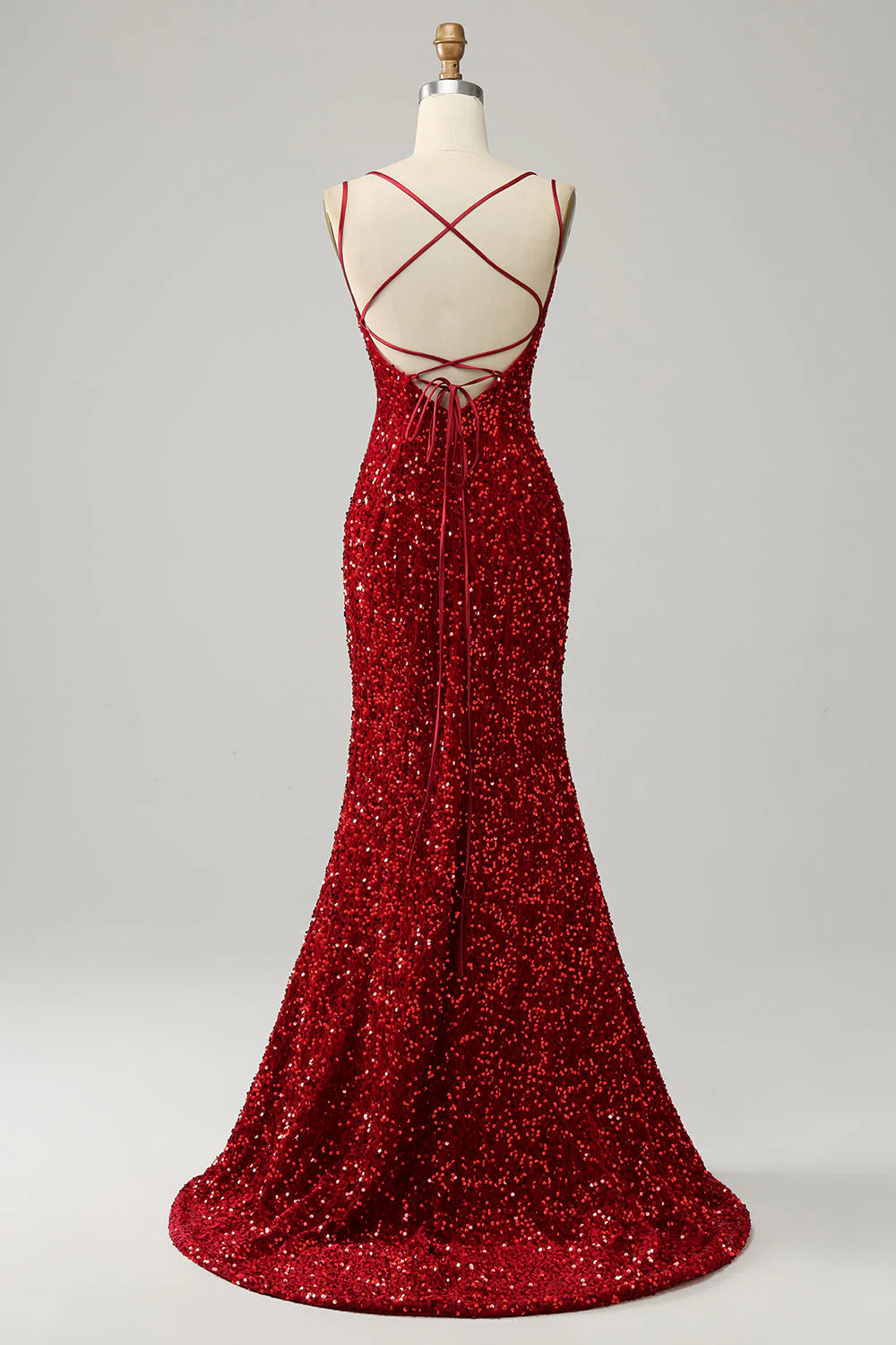 Red sequined mermaid backless long slit tassel dance dress