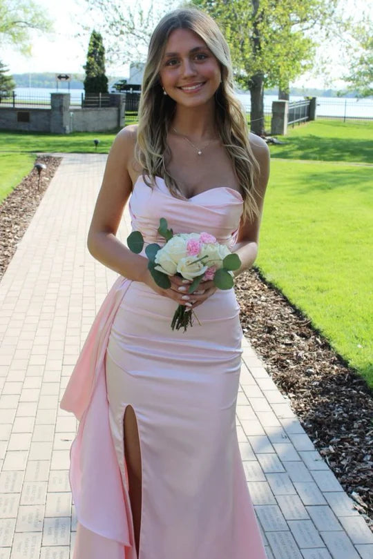 Pink Strapless Sweetheart Pleated Satin Formal Prom Dress with Train ﻿