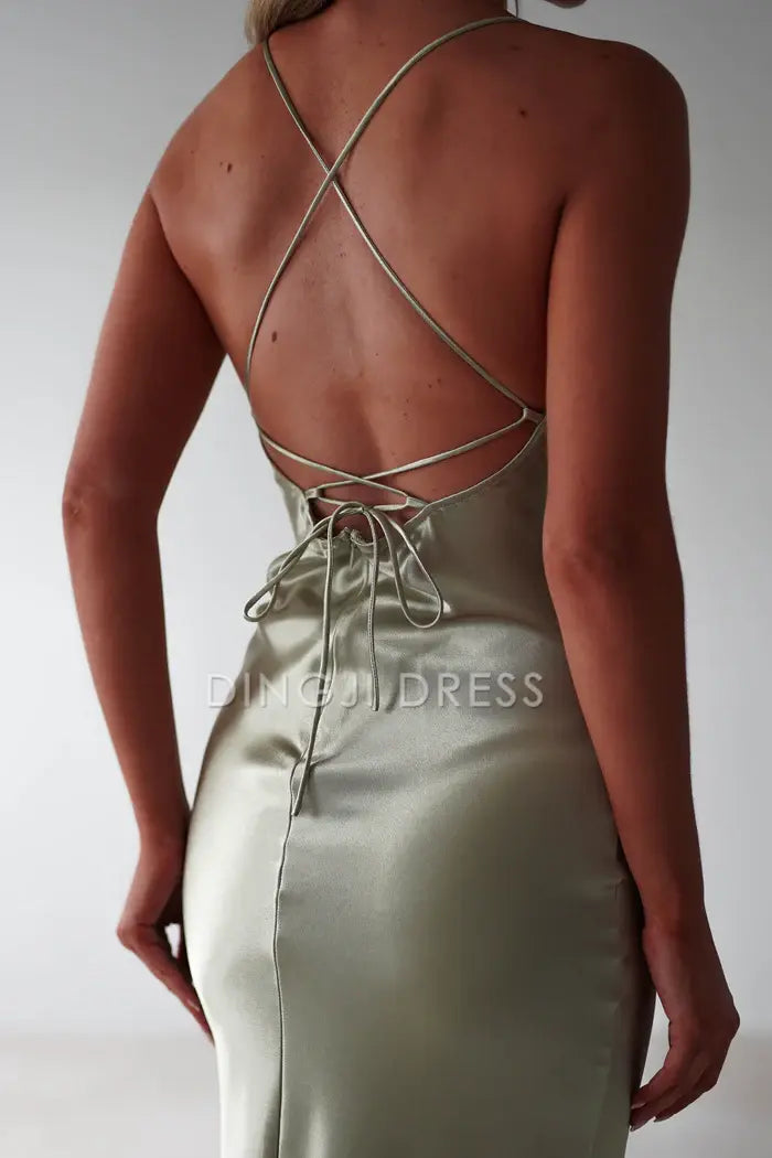 DingJiDress Figure Slimming Slip Dress Straight Neckline Low Back Adjustable Tie Straps Elegant Simple Prom Dress