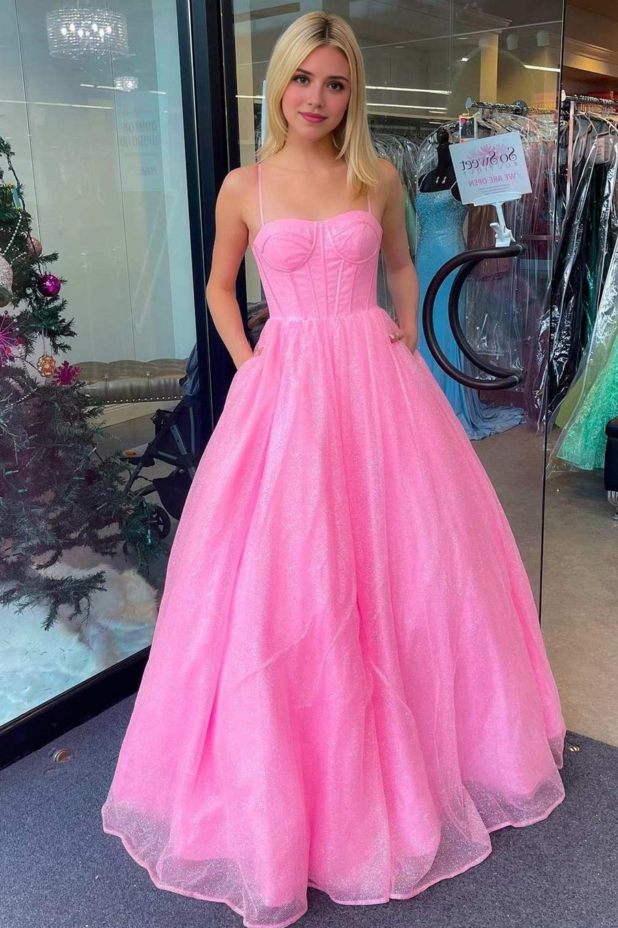DingJiDress Formal Dress Elegant A Line Sweetheart Spaghetti Straps Empire Sparkly Party Prom Dress