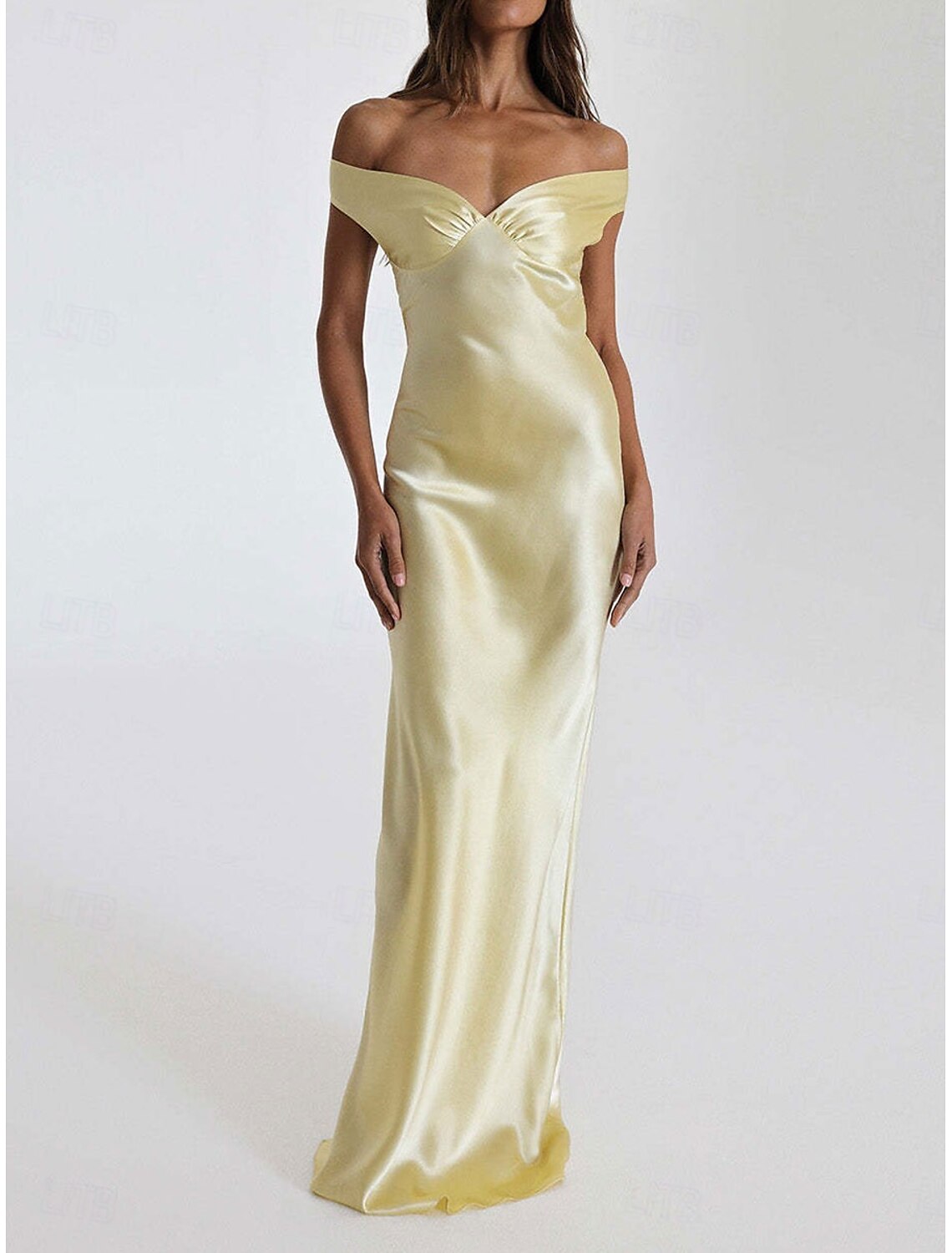 Yellow Dress Mermaid  Trumpet Party Dresses Elegant Dress Wedding Wedding Guest Floor Length Sleeveless Off Shoulder Backless with Ruched