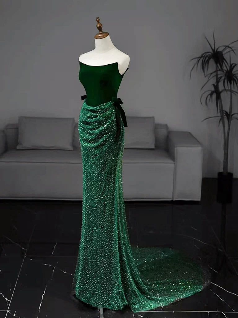 Mermaid Tulle Velvet Green Long Prom Dress  Green Long Formal Dress