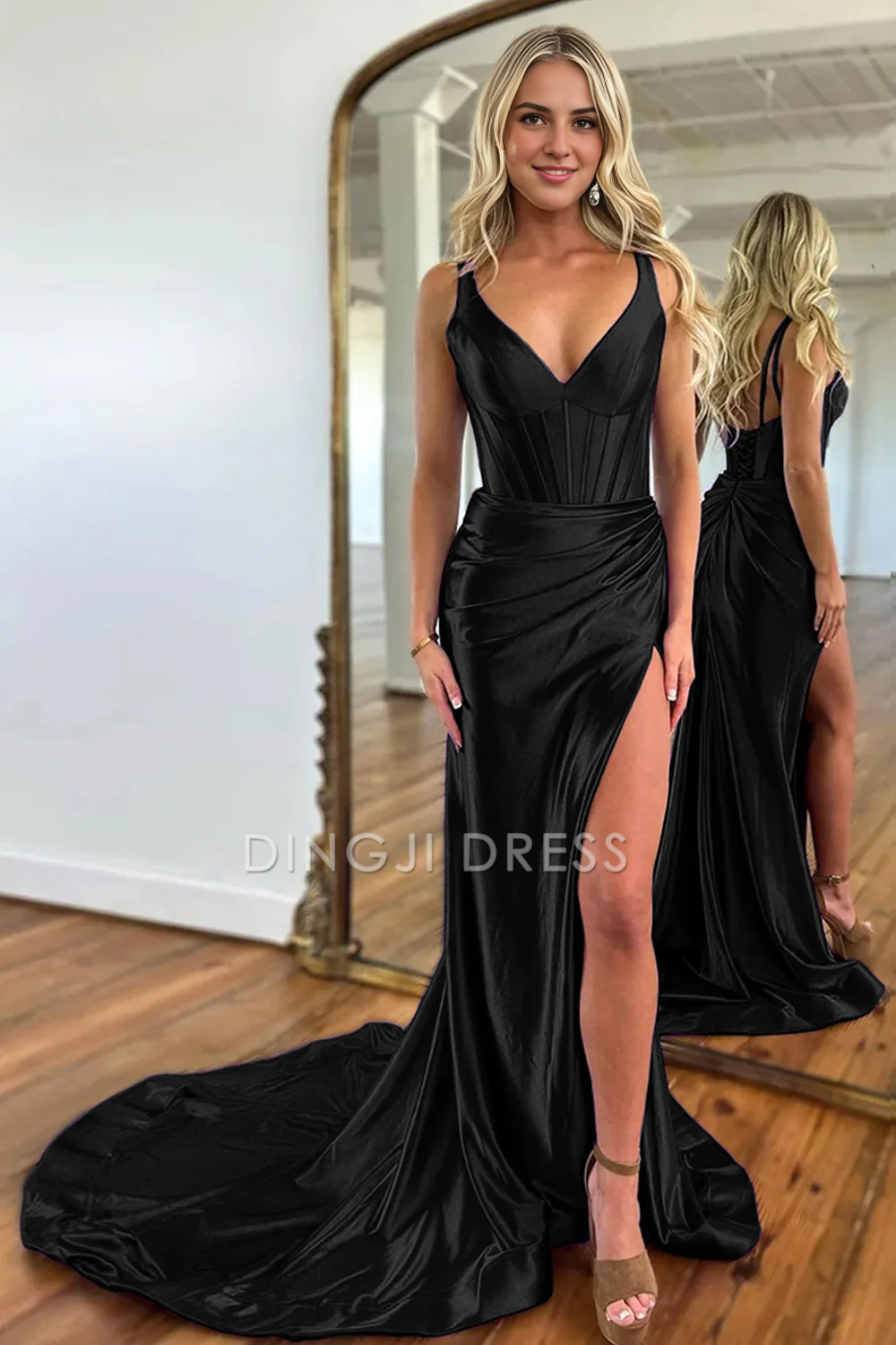 DingJiDress Mermaid V-Neck Satin Long Split Sweep Train Elegant Prom Dress