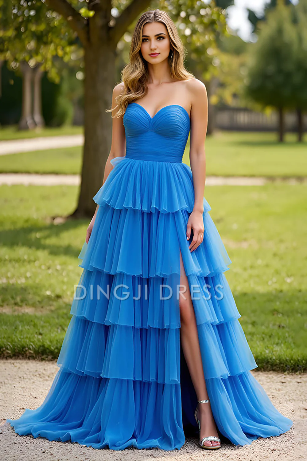 DingJiDress High Quality Dress Exquisite A Line Strapless Sweetheart Ruched Tiers With Slit Fashion Long Prom Dress