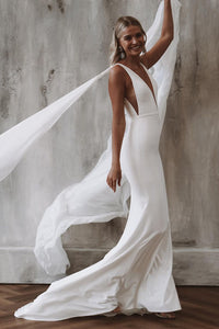 Elegant Mermaid V Neck Elastic Satin Long Wedding Dresses