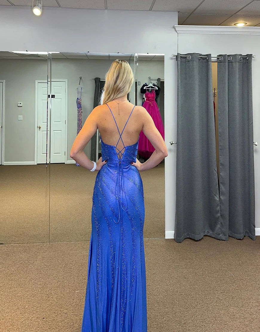 Royal Blue Mermaid Long sequined Split Ball Dress
