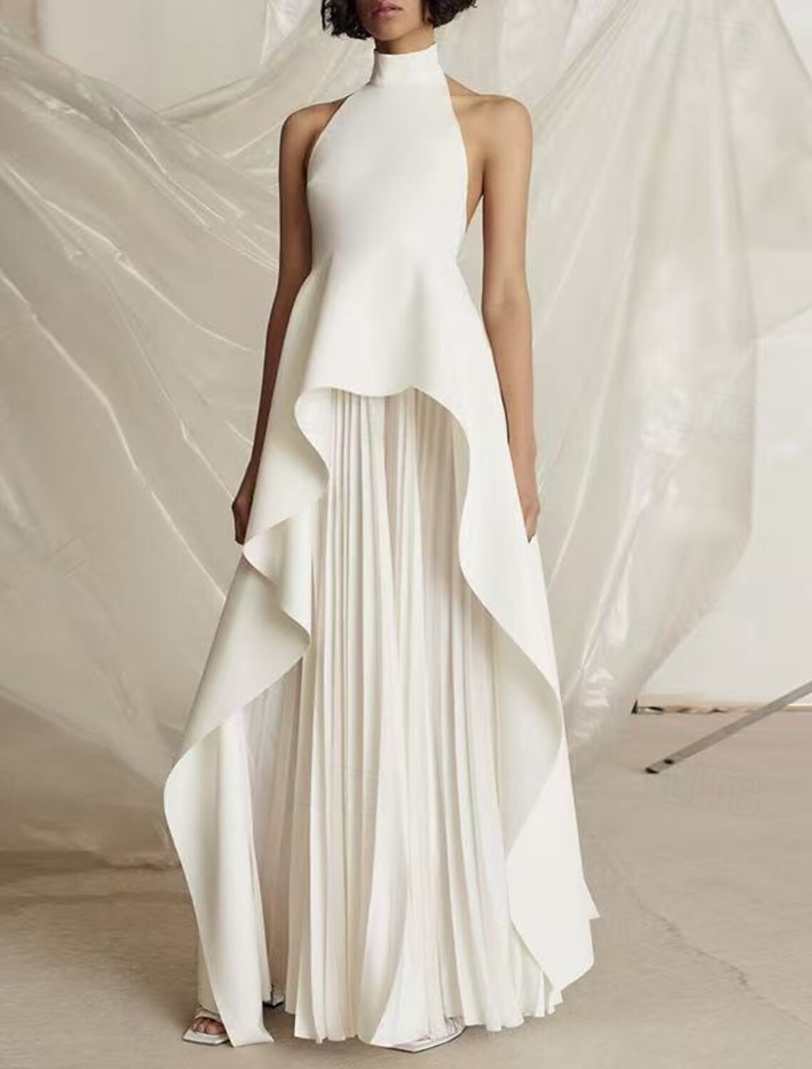A-Line Evening Gown Black Dress Dress Evening Party Black Tie Gala Floor Length Sleeveless Stand Collar Wednesday Addams Family Chiffon Backless with Pleats Slit