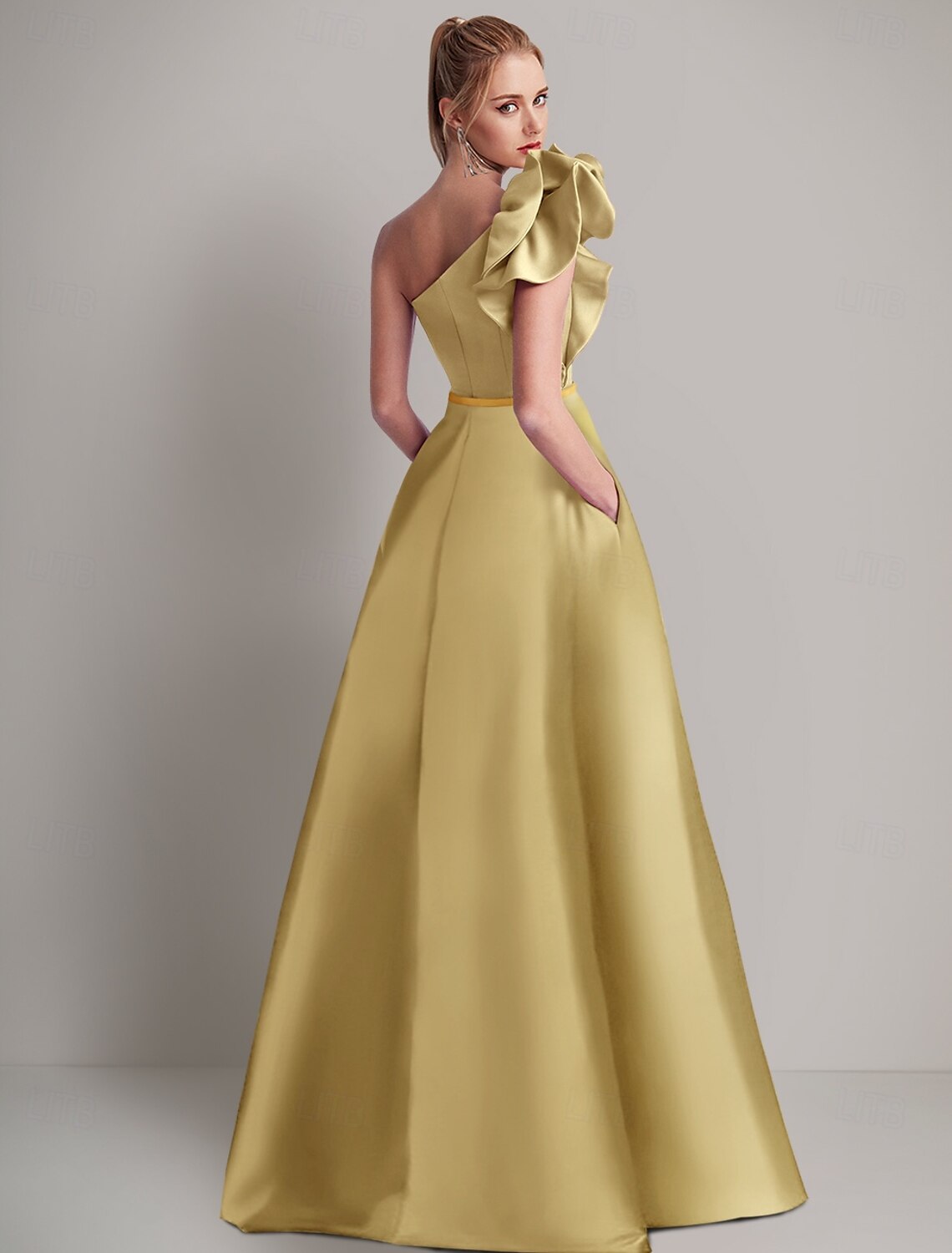 A-Line Evening Gown Elegant Dress Formal Floor Length Sleeveless One Shoulder Satin with Shouder Flower