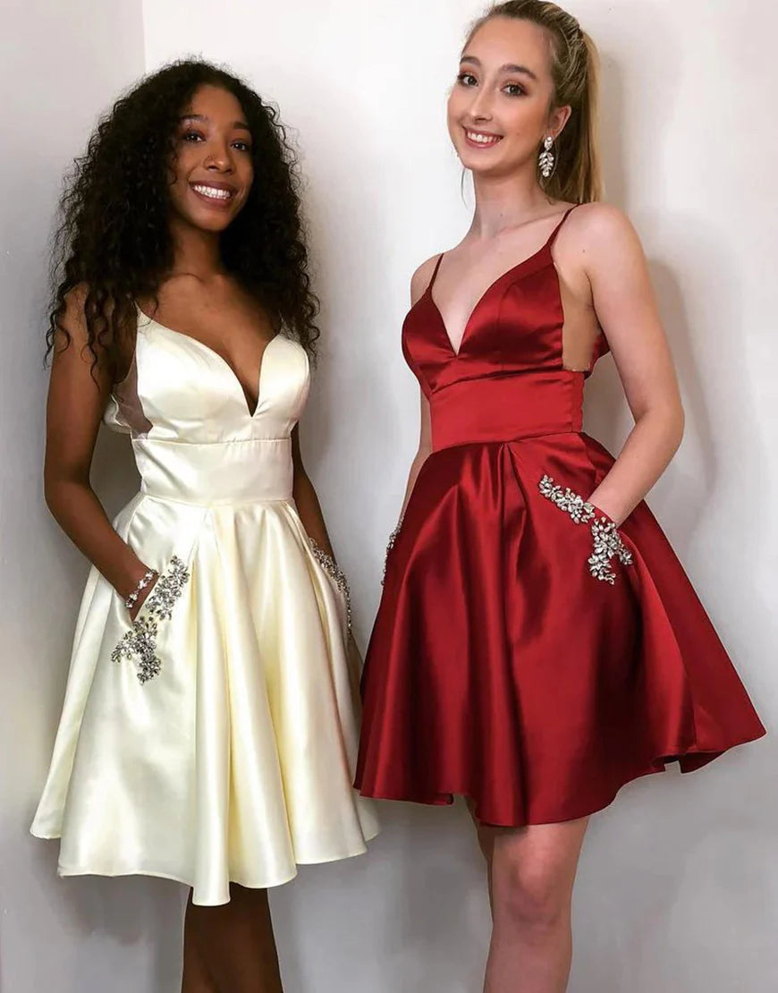 Burgundy Beading A Line Satin Homecoming Dress with Pockets