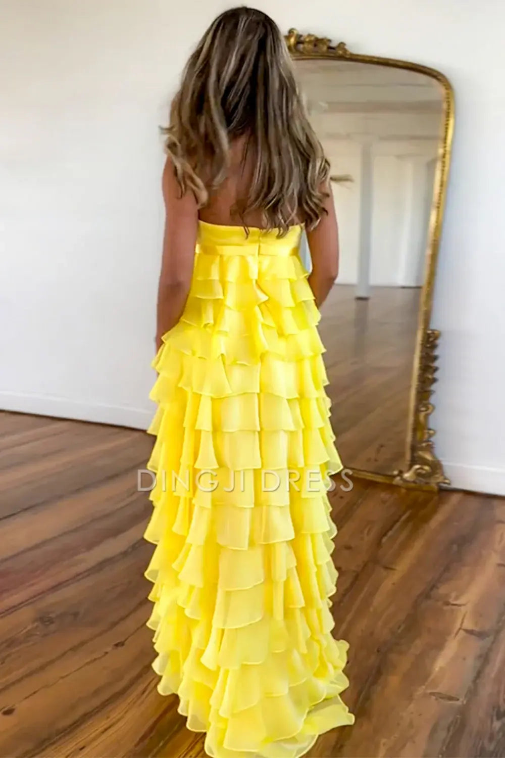 DingJiDress Lovely A-Line Strapless Zipper Back Long Ruched Tiered Exquisite Prom Dress