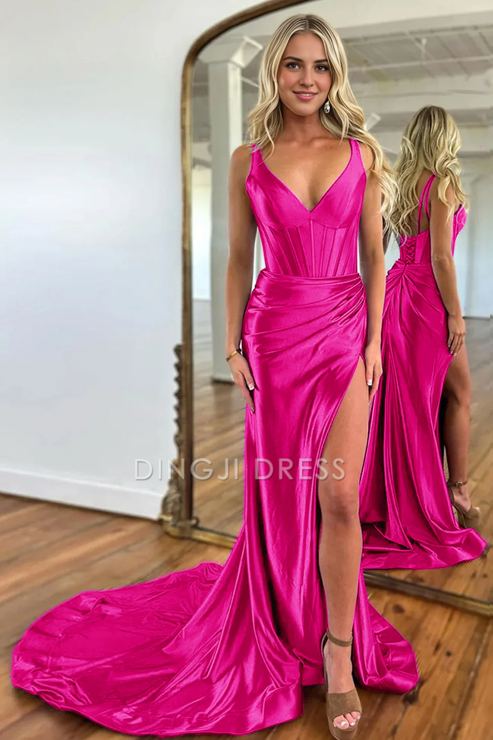 DingJiDress Mermaid V-Neck Satin Long Split Sweep Train Elegant Prom Dress