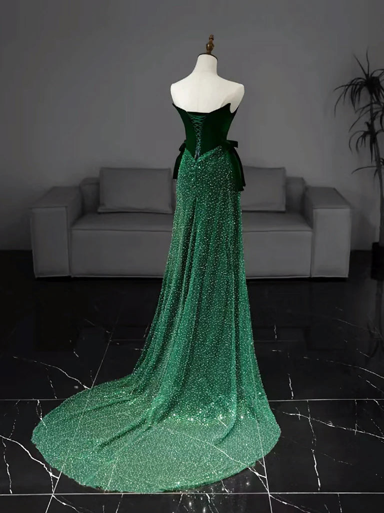 Mermaid Tulle Velvet Green Long Prom Dress  Green Long Formal Dress