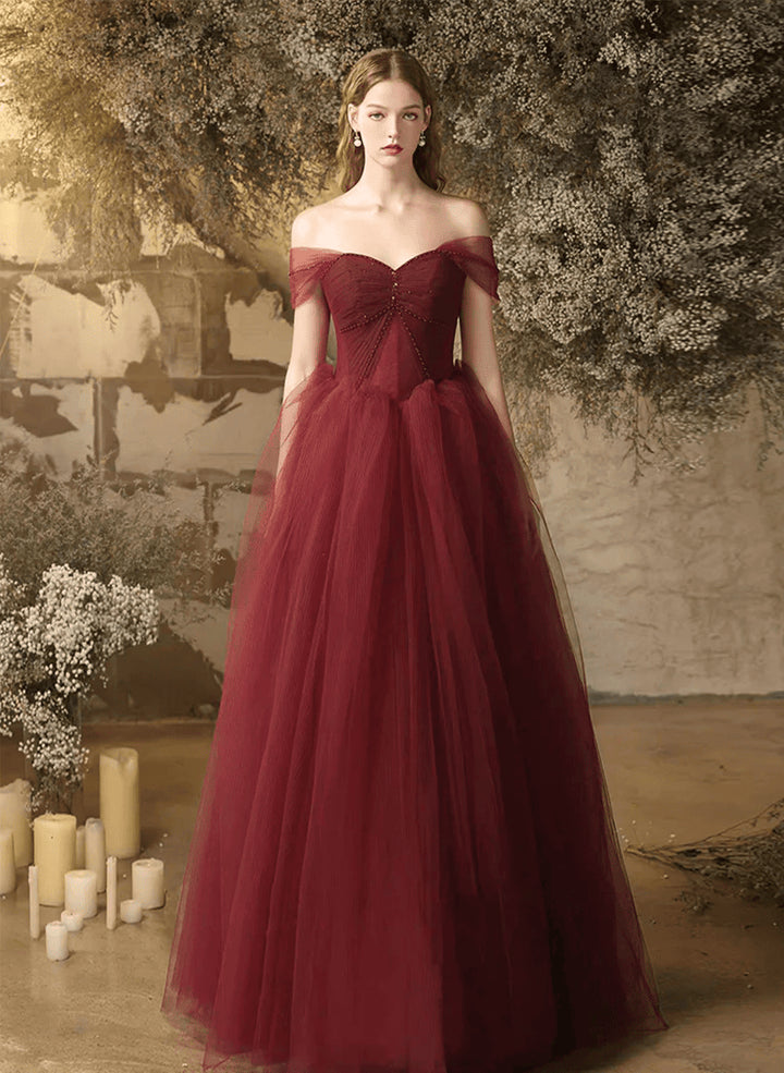 Wine Red Tulle Off Shoulder Long Party DressA-line Wine Red Tulle Evening Dress