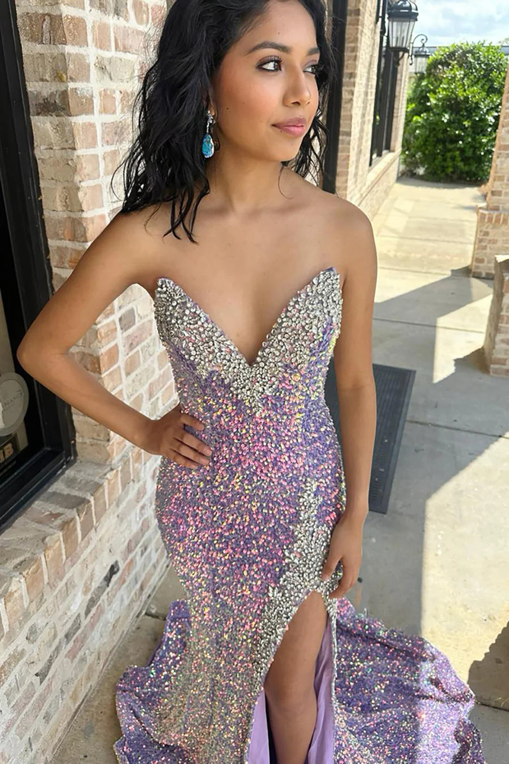 Light purple sequined strapless long suspender slit ball dress