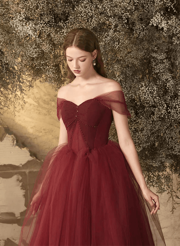 Wine Red Tulle Off Shoulder Long Party DressA-line Wine Red Tulle Evening Dress