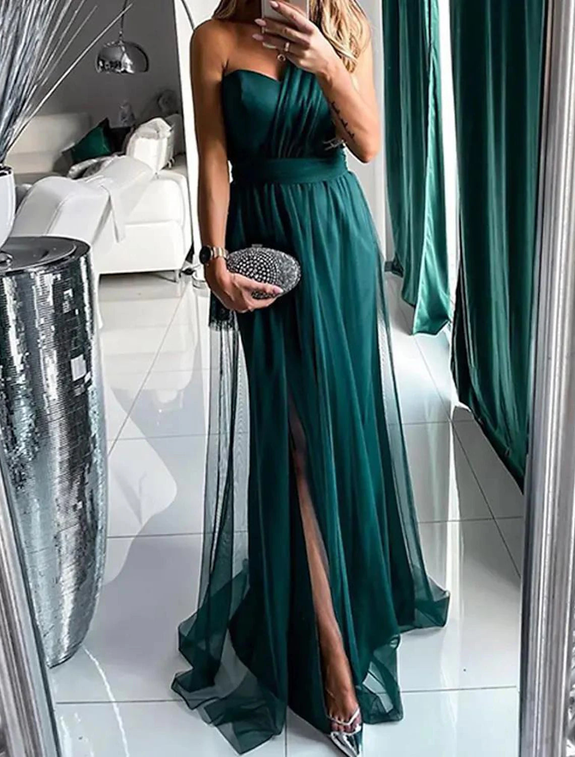 A-Line Wedding Guest Chrismas Dress Sexy Dress Wedding Guest Prom Sweep / Brush Train Sleeveless One Shoulder with Pleats Slit dress to impress