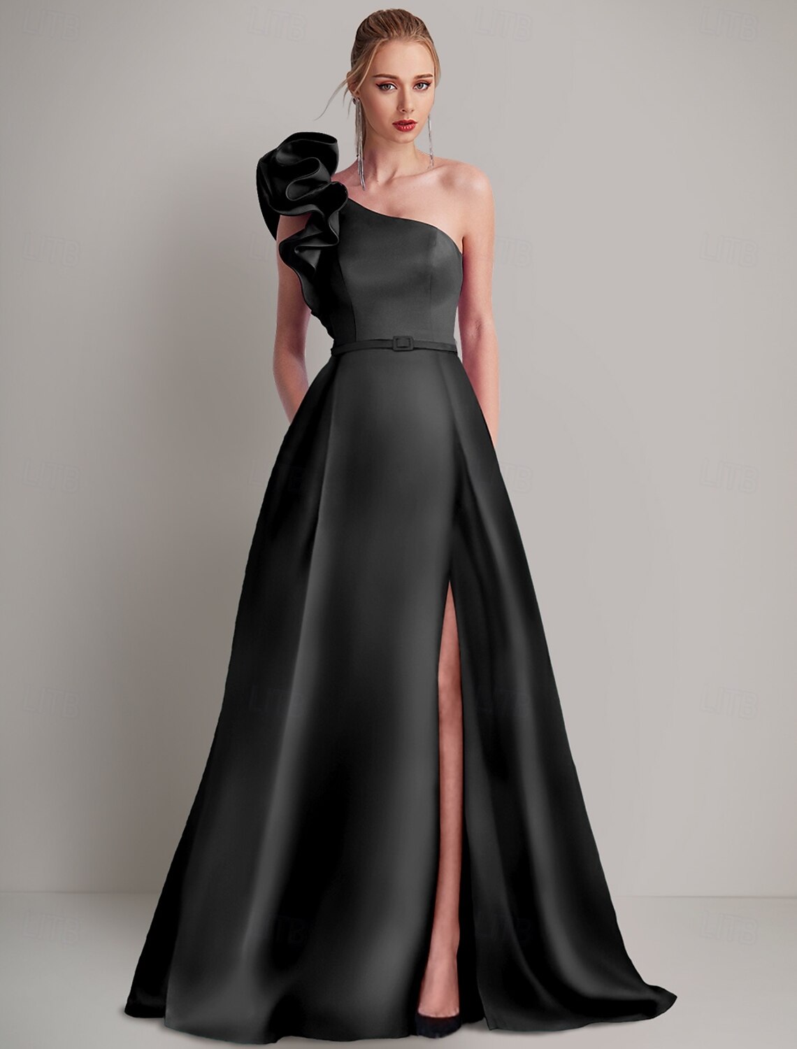 A-Line Evening Gown Elegant Dress Formal Floor Length Sleeveless One Shoulder Satin with Shouder Flower