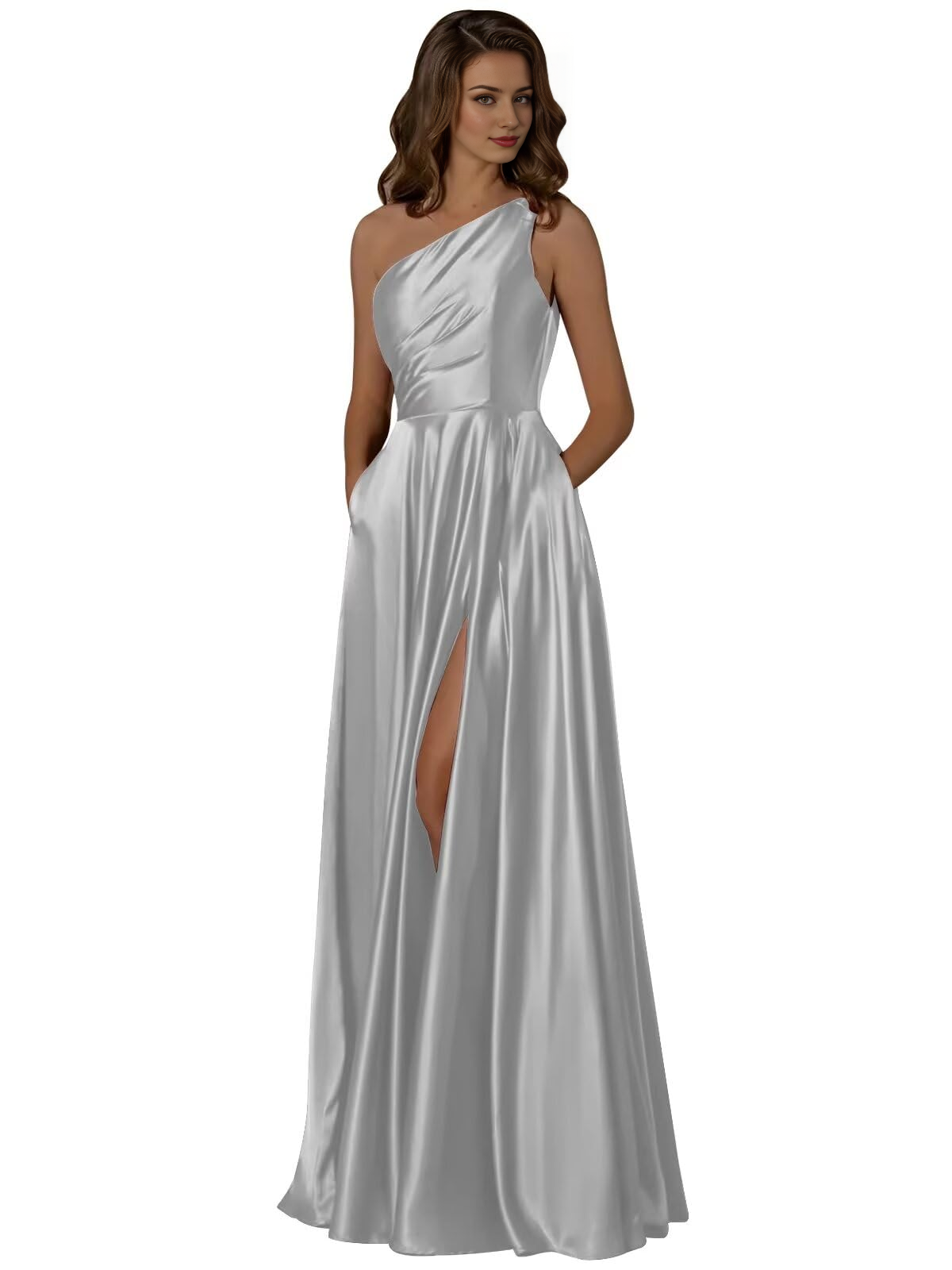 DingJiDress Prom Dresses Women One Shoulder Ruched with Pockets Slit Long Formal Wear Dresses Wedding Guest Dresses