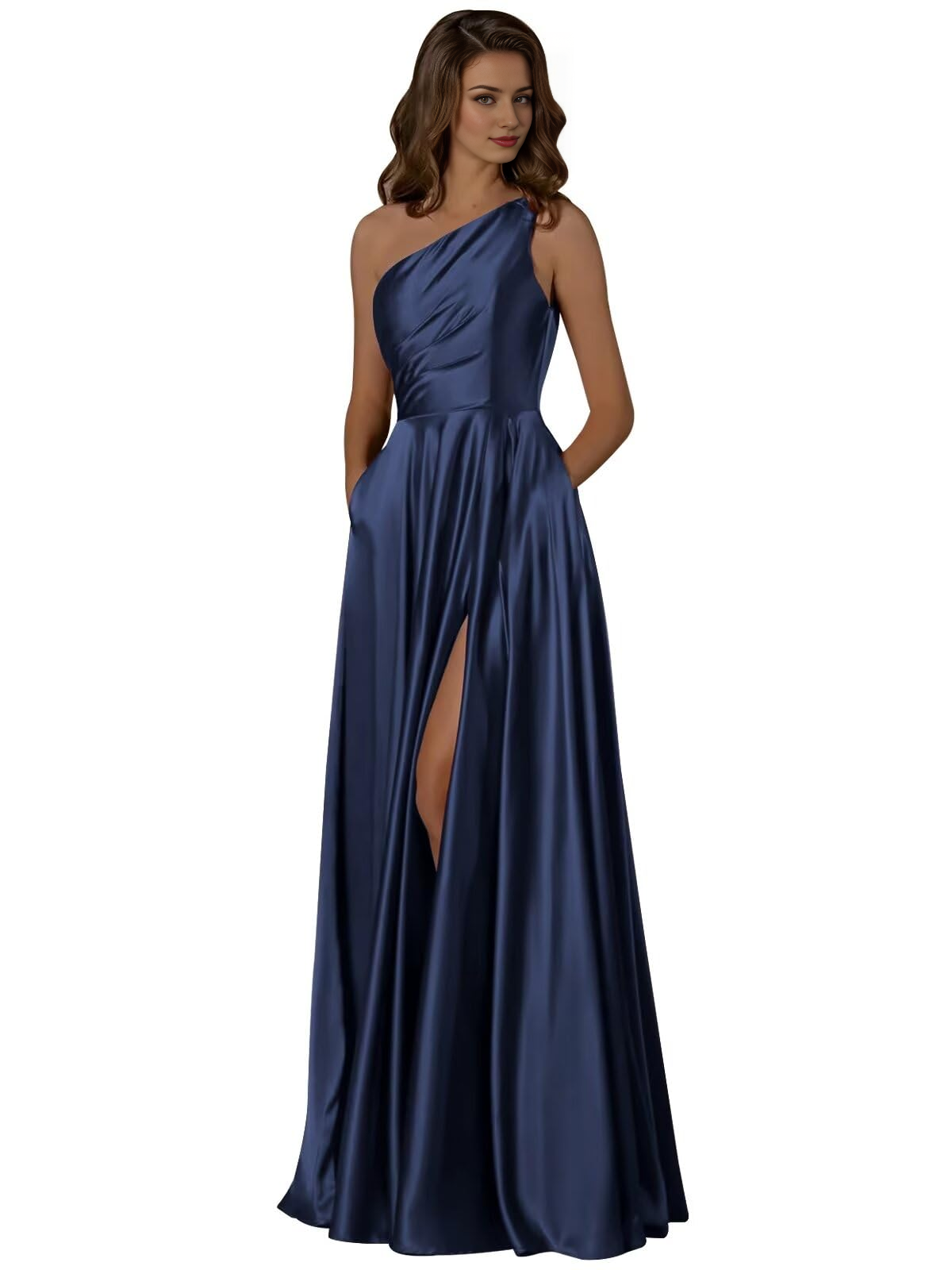 DingJiDress Prom Dresses Women One Shoulder Ruched with Pockets Slit Long Formal Wear Dresses Wedding Guest Dresses