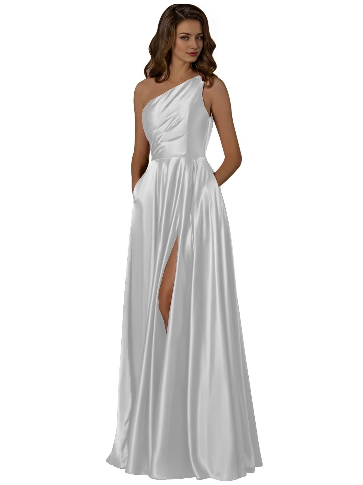 DingJiDress Prom Dresses Women One Shoulder Ruched with Pockets Slit Long Formal Wear Dresses Wedding Guest Dresses