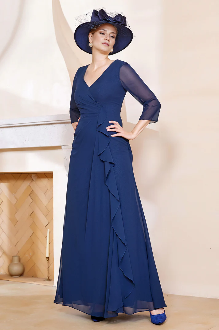 DingJiDress November December Autumn Winter Wedding Guest Dress V-Neck Ruffles Chiffon Long Dress Mother of the Groom / Bride Dresses