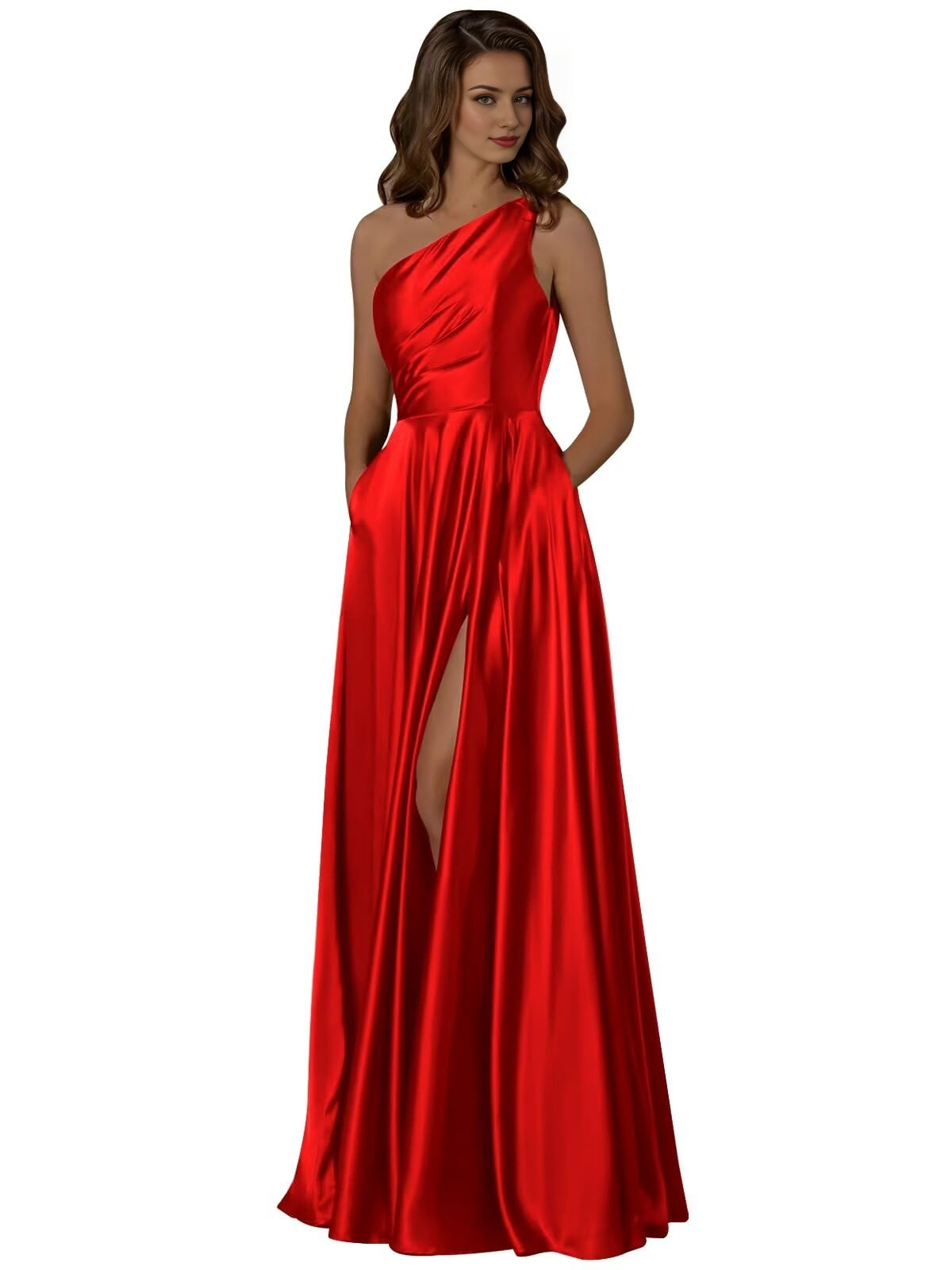 DingJiDress Prom Dresses Women One Shoulder Ruched with Pockets Slit Long Formal Wear Dresses Wedding Guest Dresses