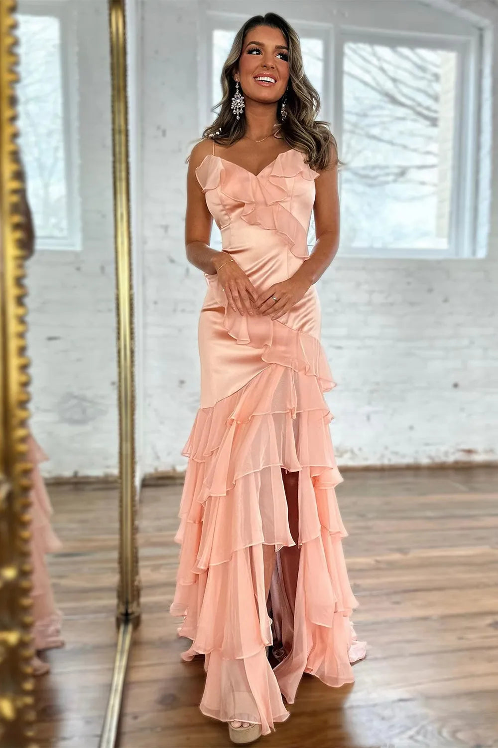 Pink long suspender pleated mermaid party dress