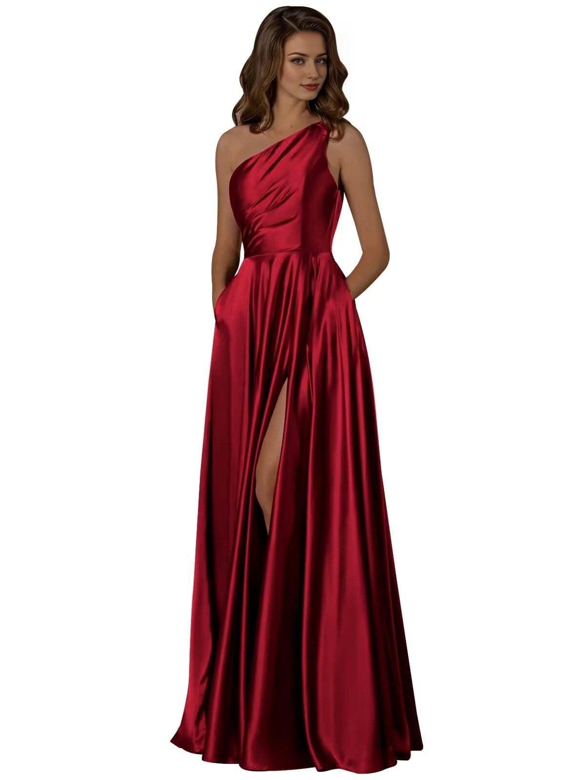 DingJiDress Prom Dresses Women One Shoulder Ruched with Pockets Slit Long Formal Wear Dresses Wedding Guest Dresses
