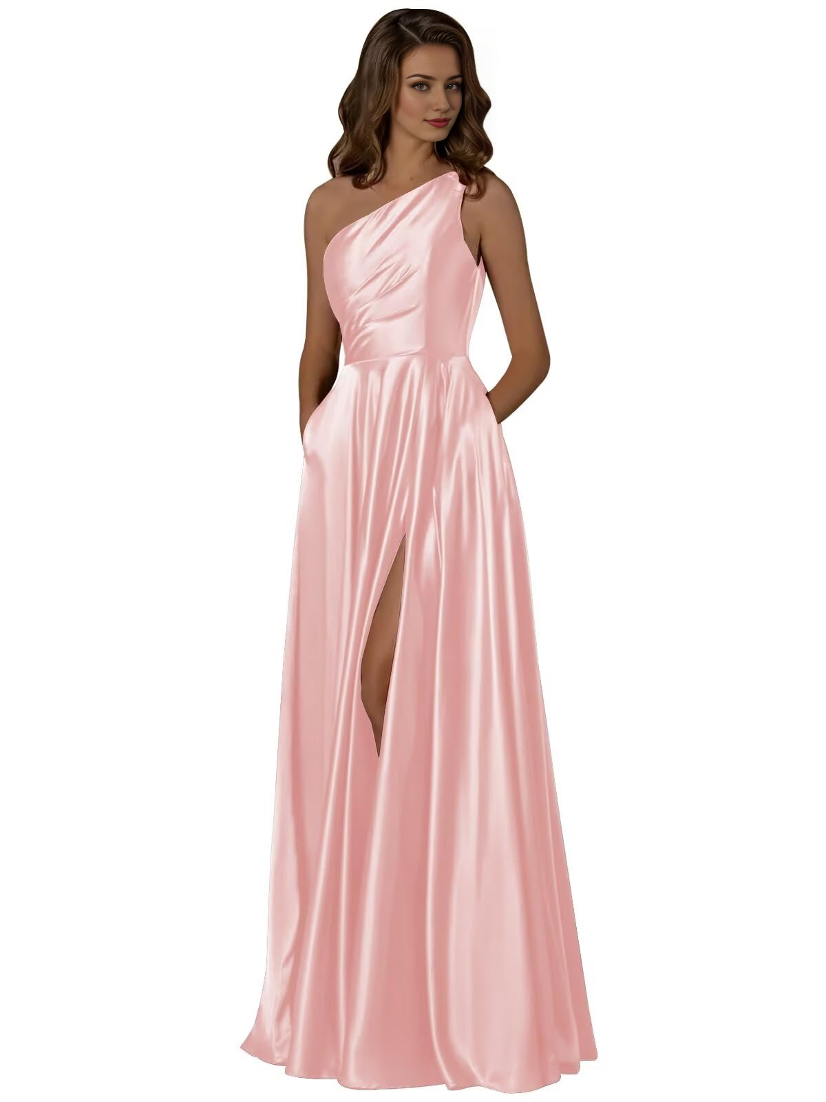 DingJiDress Prom Dresses Women One Shoulder Ruched with Pockets Slit Long Formal Wear Dresses Wedding Guest Dresses