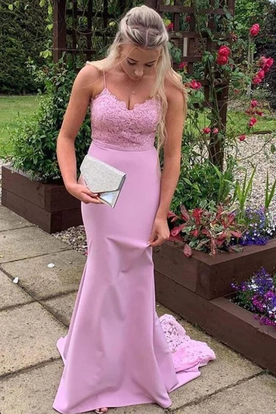 Spaghetti Straps V-Neck Appliques Mermaid Formal Prom Dress