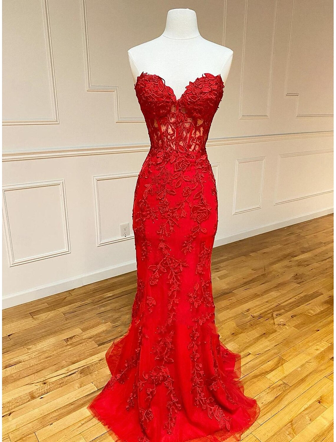Mermaid Prom Dresses Glittering Dress Evening Party Sweep / Brush Train Sleeveless Strapless Lace Backless with Appliques