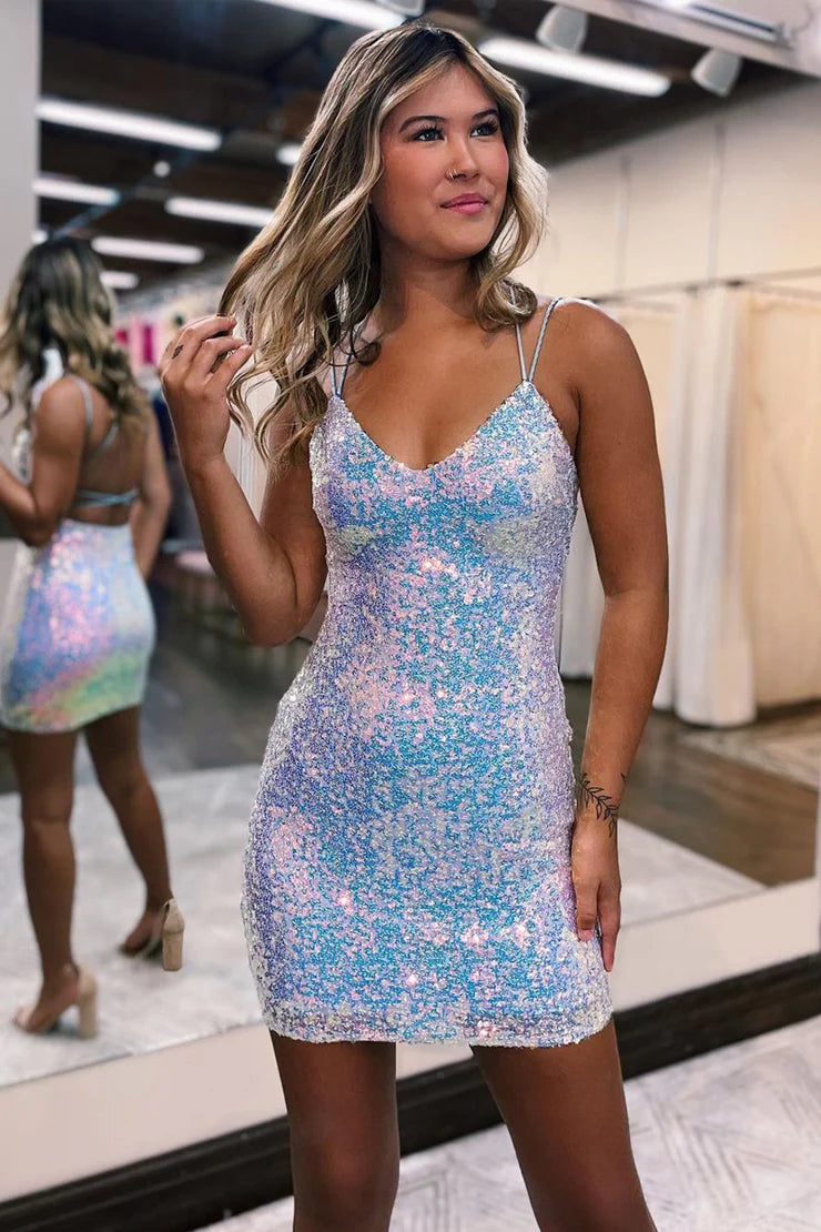 V Neck Blue Sparkly Sequins Homecoming Dresses