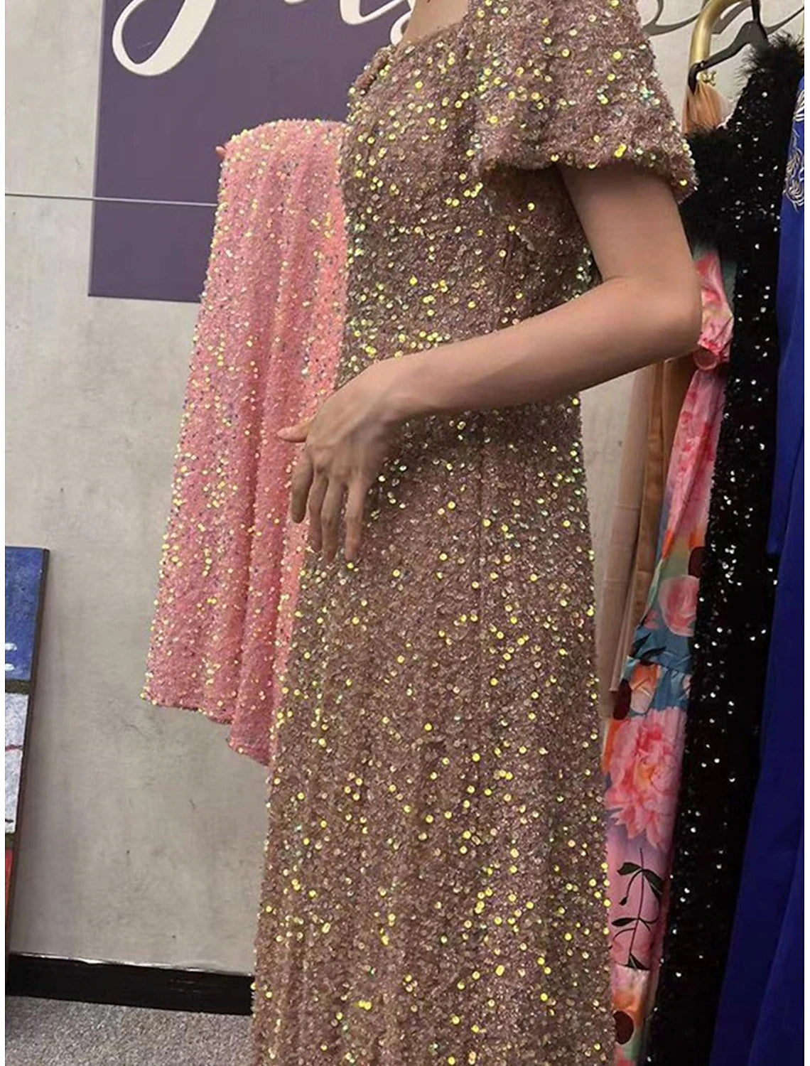 A-Line Party Dresses Elegant Dress Wedding Evening Party Floor Length Sleeveless Square Neck Polyester with Sequin
