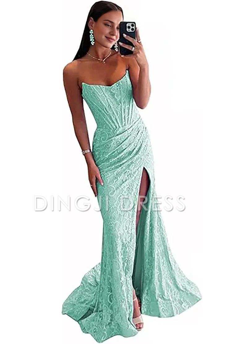 DingJiDress Gorgeous Mermaid Strapless Sweep Train Lace Slit Elegant Prom Dress
