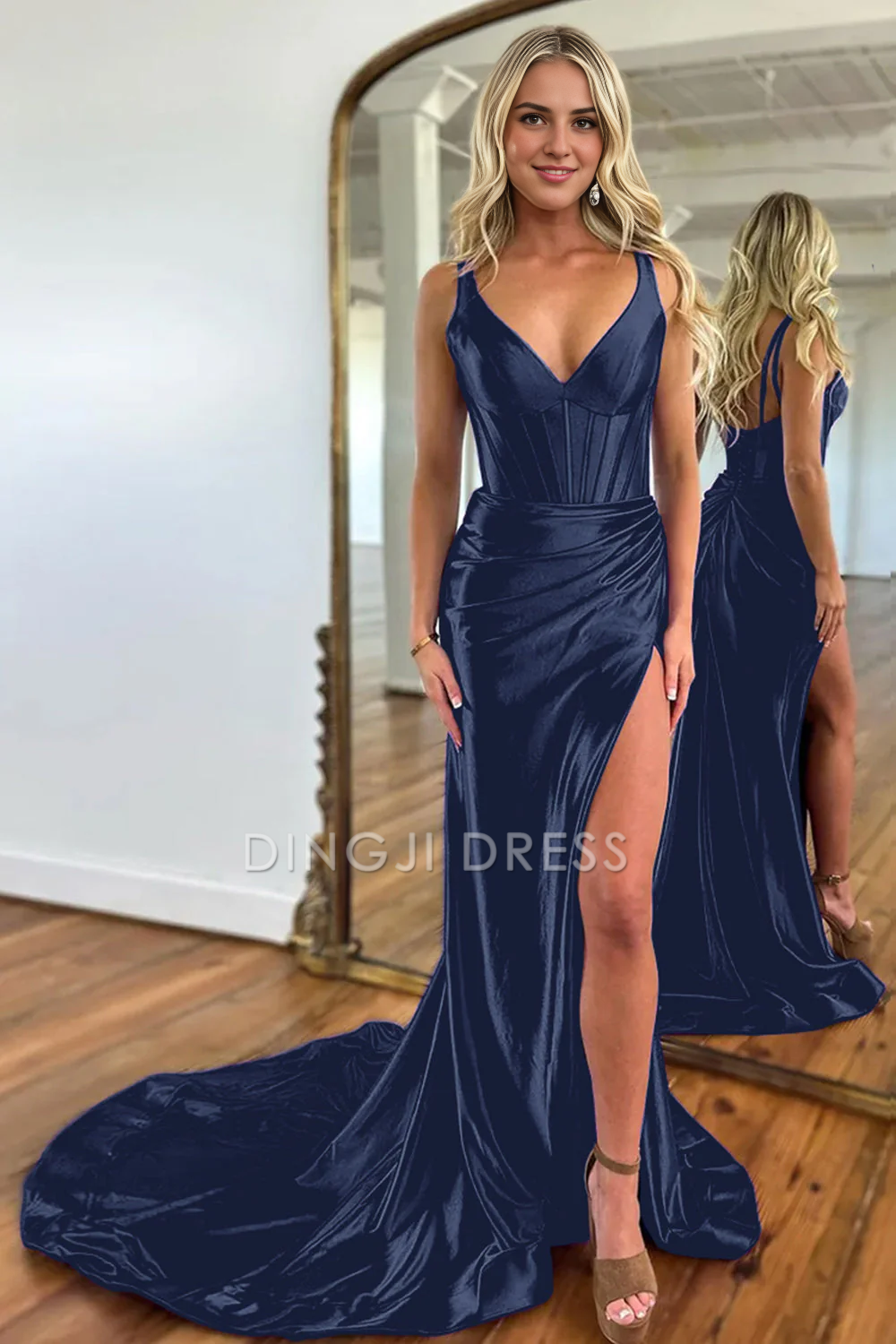 DingJiDress Mermaid V-Neck Satin Long Split Sweep Train Elegant Prom Dress