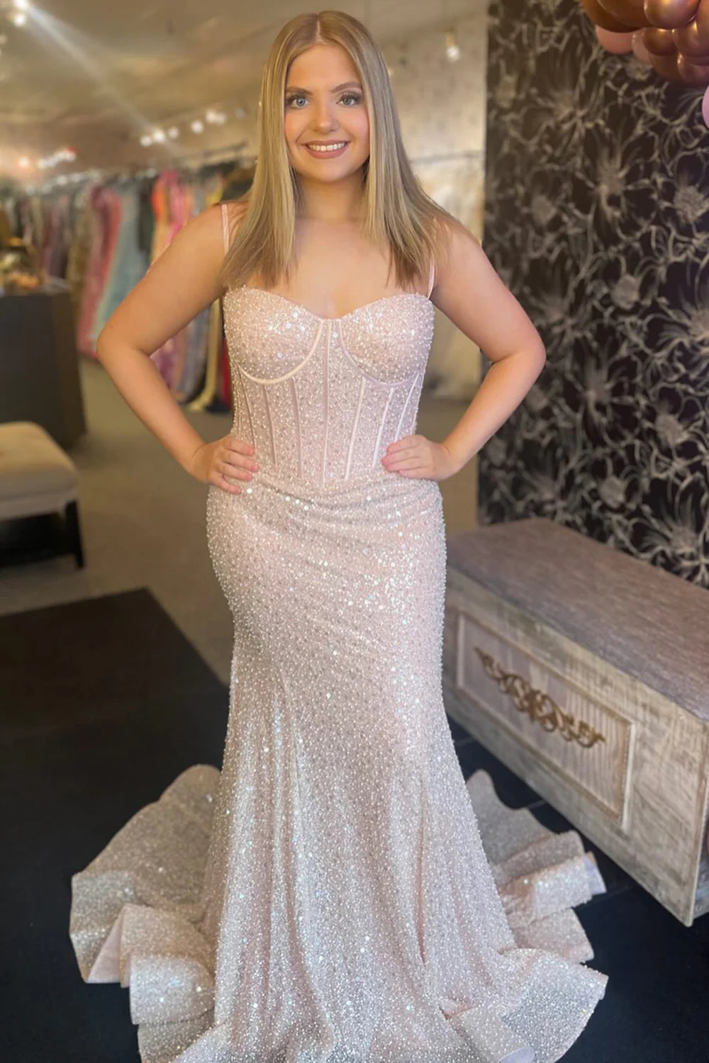 Pink thin shoulder strap long sequin slim fit ball dress