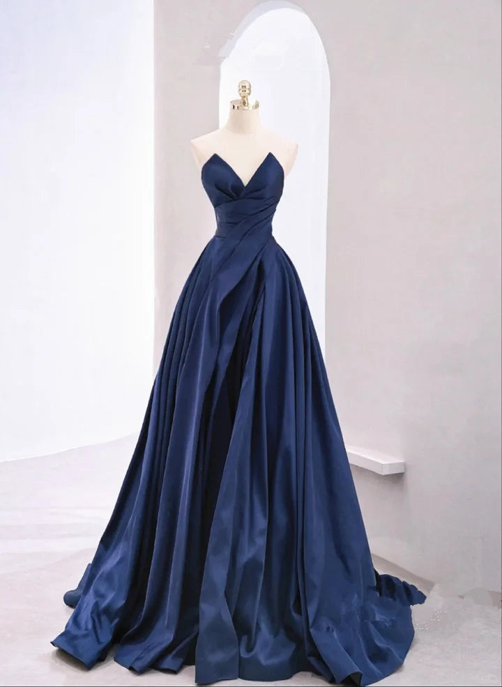 Navy Blue Tulle Long Party Dress Navy Blue Satin Prom Dress