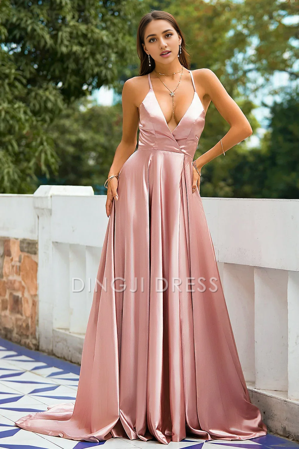 DingJiDress High Quality Dress Charming Deep V Neck Spaghetti Straps Backless Lace up Fashion Prom Dress
