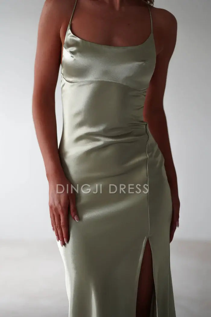 DingJiDress Figure Slimming Slip Dress Straight Neckline Low Back Adjustable Tie Straps Elegant Simple Prom Dress