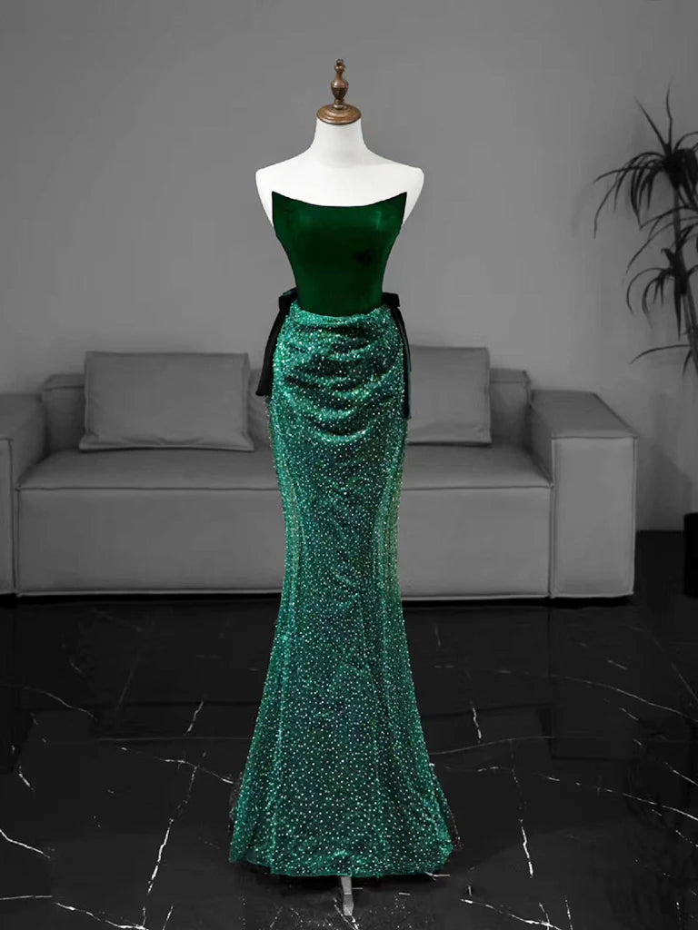 Mermaid Tulle Velvet Green Long Prom Dress  Green Long Formal Dress