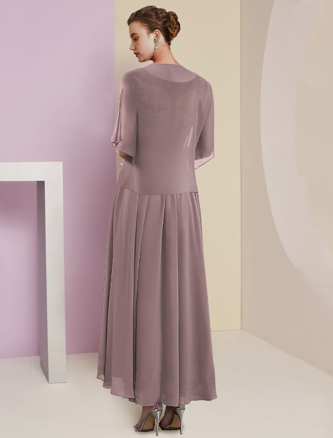 Two Piece A-Line Mother of the Bride Dress Formal Wedding Guest Elegant V Neck Length Lace Short Sleeve Wrap Included with Pleats Appliques