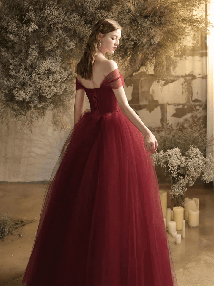 Wine Red Tulle Off Shoulder Long Party DressA-line Wine Red Tulle Evening Dress