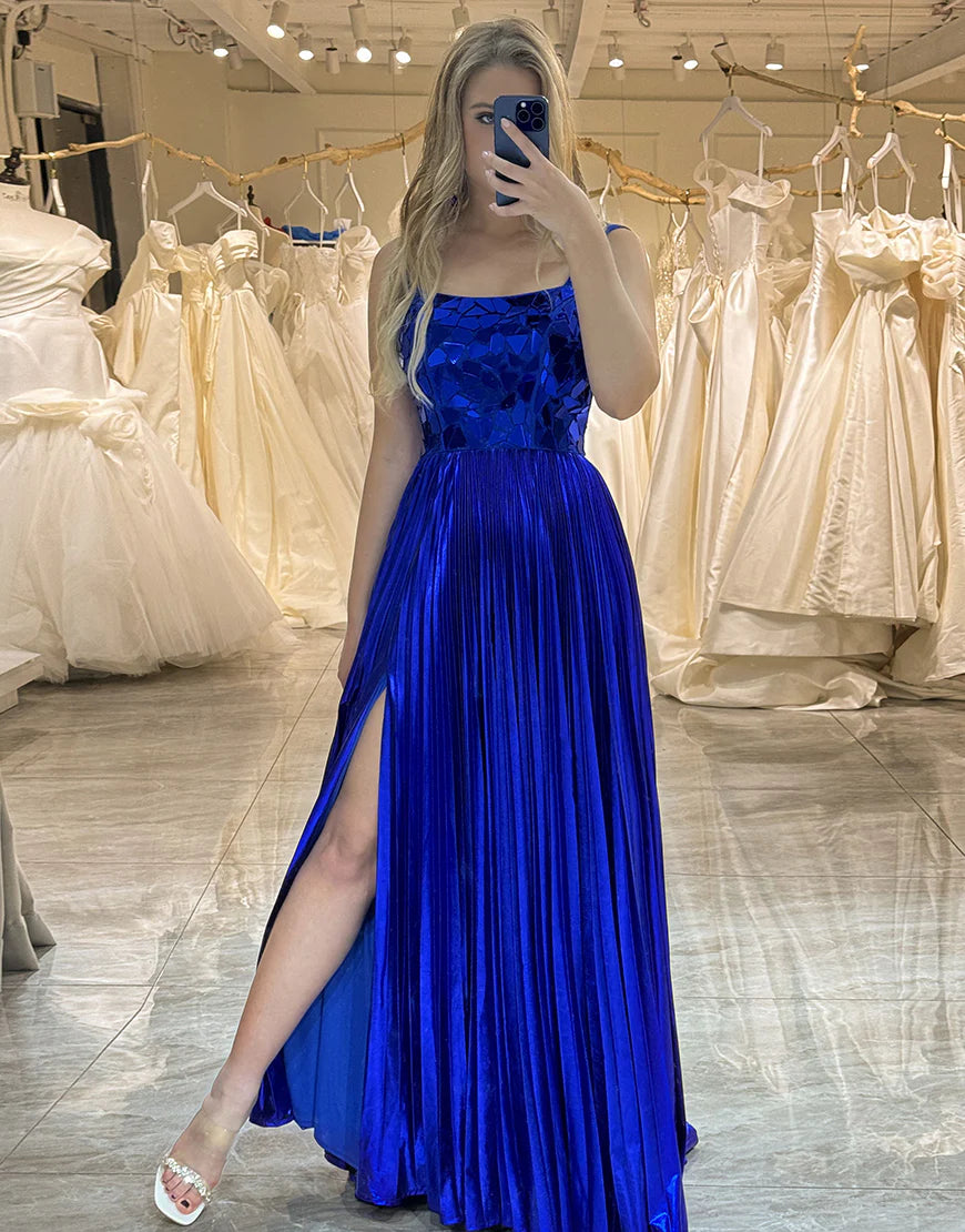 Royal Blue A-Line Mirror Long Prom Dress With Split