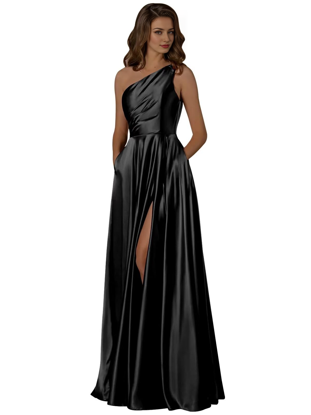 DingJiDress Prom Dresses Women One Shoulder Ruched with Pockets Slit Long Formal Wear Dresses Wedding Guest Dresses