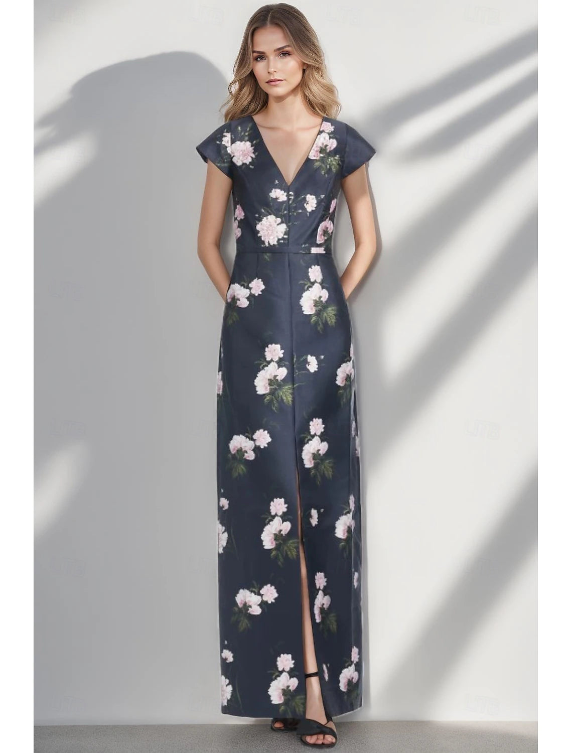 Sheath Column Evening Gown Elegant Dress Formal Evening Party Floor Length Short Sleeve V Neck Belt / Sash Satin with Floral Prin