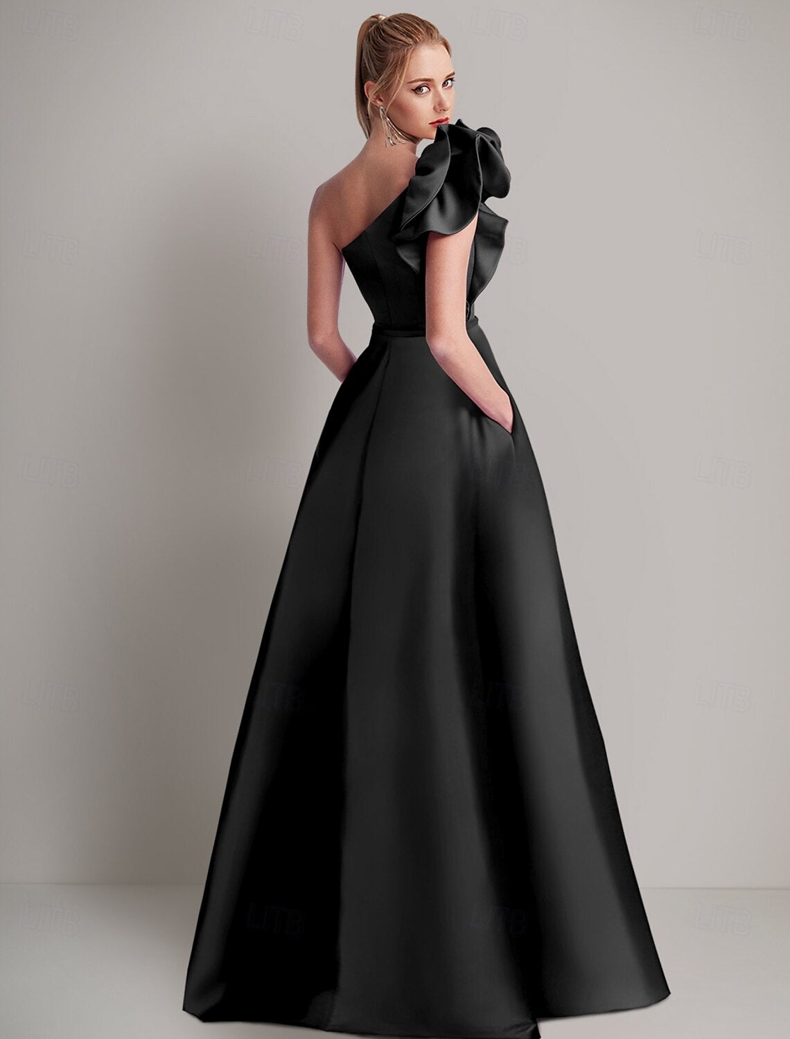 A-Line Evening Gown Elegant Dress Formal Floor Length Sleeveless One Shoulder Satin with Shouder Flower